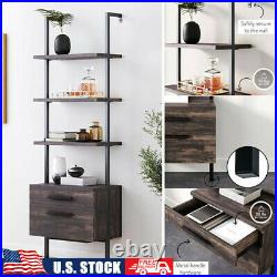 Wall Mounted Industrial 4-Tier Bookshelf with2 Wood Drawers Ladder Shelf Bookcase