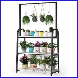 White Plant Stand with Hanging Hooks, Balcony Flower Pot Holder Rack Organizer