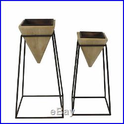 Wooden Pyramid Planters On Geometric Style Metal Stands, Natural Brown and Bl