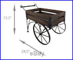 Zeckos Rustic Wood And Metal 2 Wheeled Wagon Cart Style Plant Stand